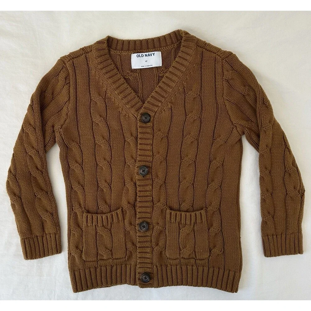 Old Navy Toddler Boys Girls Cable Knit Cardigan Sweater 4T Cotton Brown NWOT